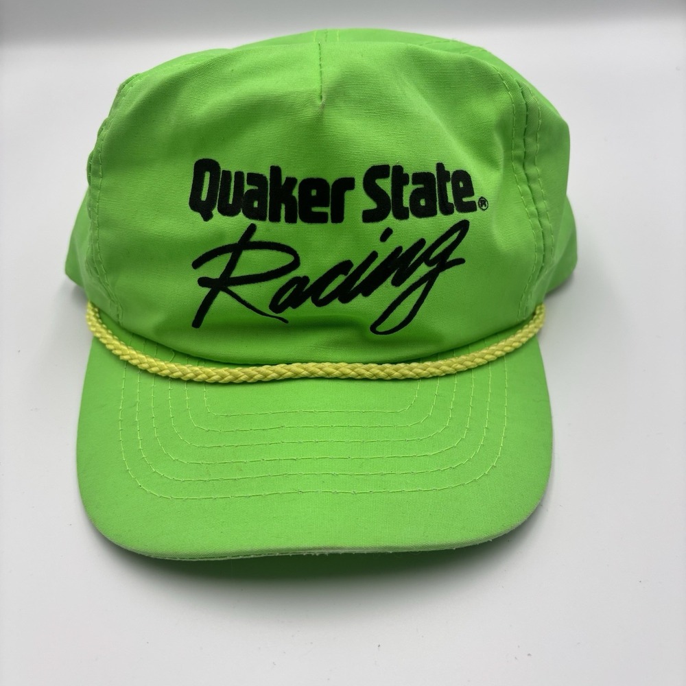 Vintage 90s Quaker State Racing Hat Cap Strap Back Green Rope Nascar
